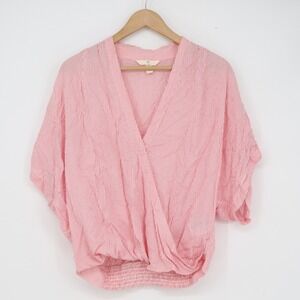 HM LOGG Pink White Striped Surplice Blouse Smocked Hem Dolman Sleeve Size 6
